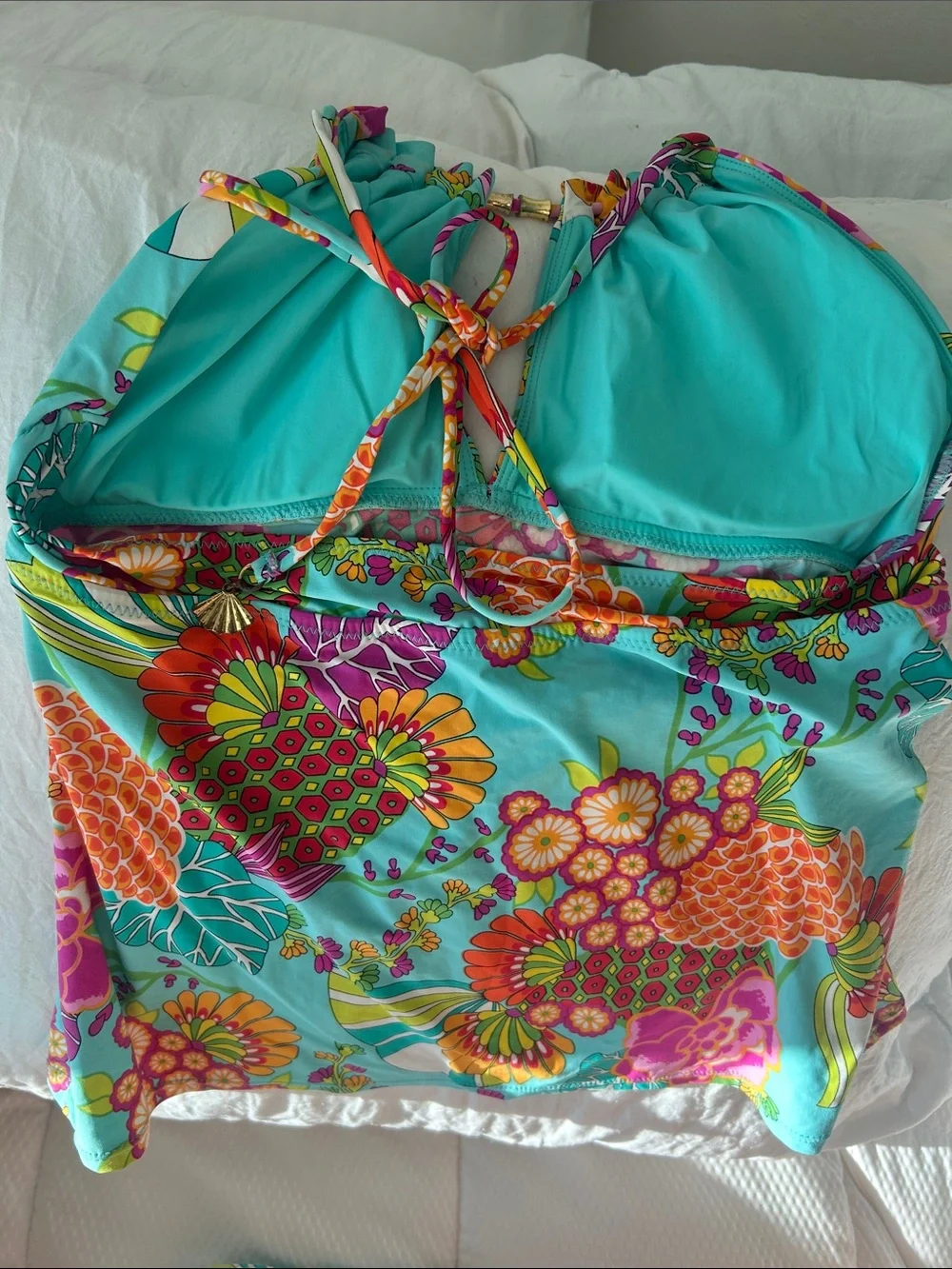 Trina Turk Turquoise Floral Halter Tankini Top with Orange and Pink Accents - Picture 6 of 8